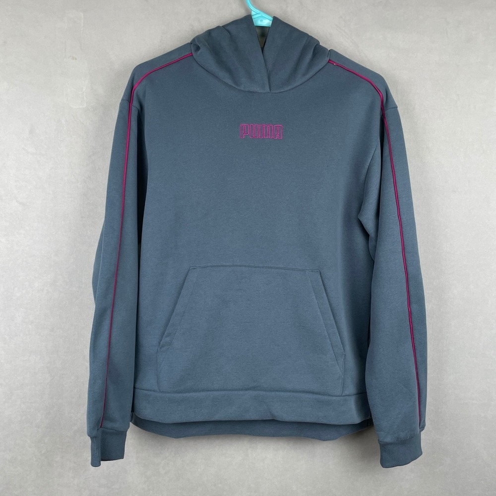 Puma Women Blue Pink Piping Embroidered‎ Logo Sporty Stretch Fleece Hoodie S NWT